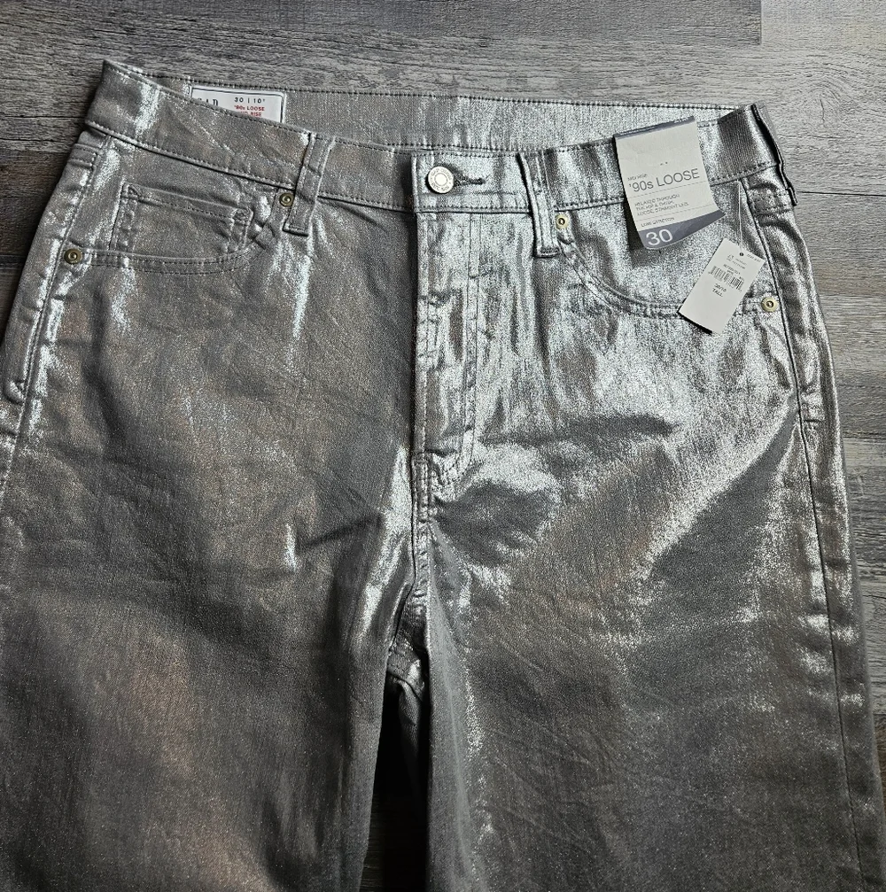 Gap NEW Mid Rise 90s Loose Silver Metallic Straight Leg Pants 30 Tall - Picture 3 of 12